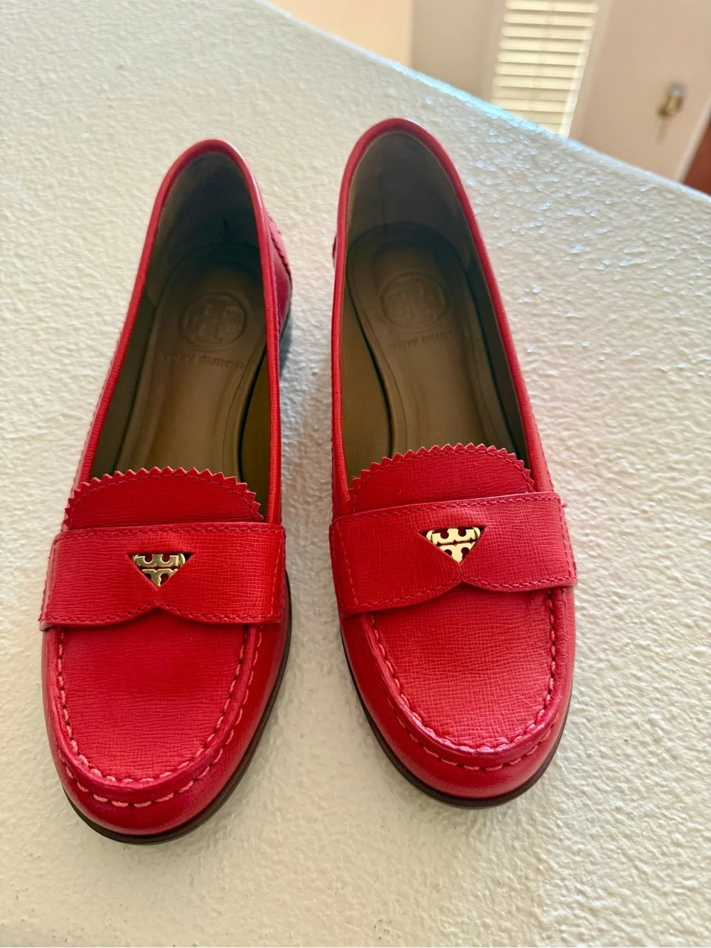 Tory Burch Bright Red Leather Penny Loafers with Gold Logo